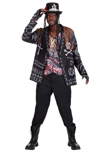Image of Fun Costumes Men's Voodoo Priest Costume Adult Witch Doctor Outfit Jacket Vest Bone Necklace Gloves Hat, Black, Large