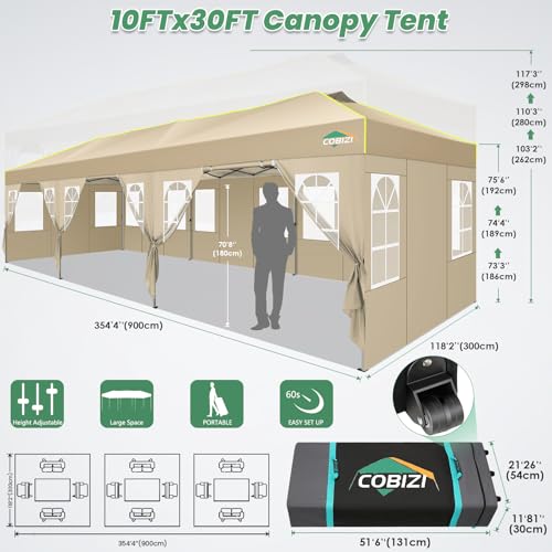 Image of COBIZI 10x30 Pop Up Canopy One Push Party Tent with Air Vent Waterproof Commercial Outdoor Patio Gazebo with 8 Removable Sidewalls, 3 Adjustable Height for Parties, Roller Bag, Sandbag, Khaki