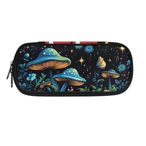 Image of Blue Mushroom Floral Print Pencil Cases for School, Basic Pen Box Stationery Pouch Bag Cosmetic Makeup Bag for Women Girls College Adults