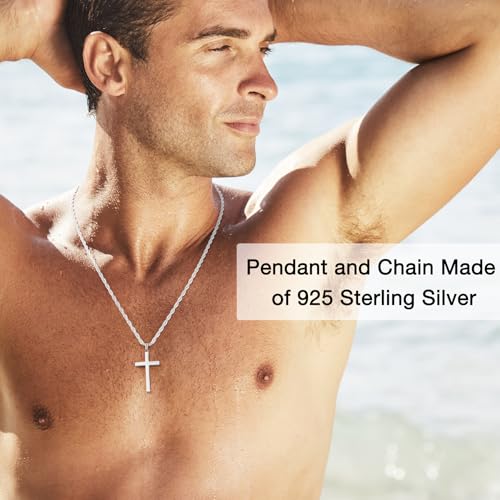 Italian 925 Sterling Silver Cross Necklace for Men, 18k Gold Over Real Silver Cross Necklace with 2.5mm Top Craftsmanship Rope Chain for Men Boys Women, Sturdy Shiny Non Tarnish 16-26 Inch2