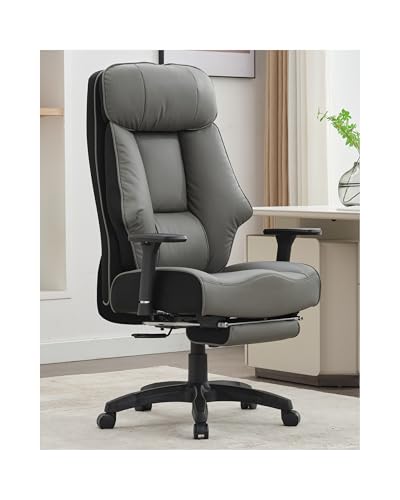 DJ·Wang Big and Tall Office Chair 400lbs with Foot Rest, High Back Executive Office Chair with Extra-Thick Spring Cushion, Ergonomic Leather Chairs Dark Gray