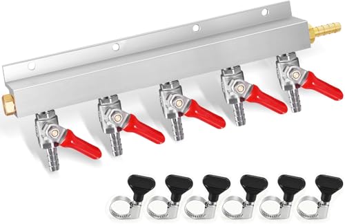 WELLBOM CO2 Gas Manifold, 5-Way CO2 Gas Distributor Beer Keg Gas Manifold O.D 5/16'' Barb Fitting Fit for ID 5/16'' Gas Lines Kegerator CO2 Splitter with Integrated Check Valves & 6PCS Hose Clamps