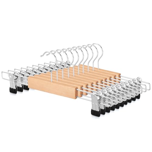 TOPIA HANGER Cintre en Bois avec Pince Antidérapants Réglables,Crochet Pivotant à 360°,Cintres pour Pantalon Pince pour Jeans,Jupes,Chaussettes,Lot de 10-CT44N