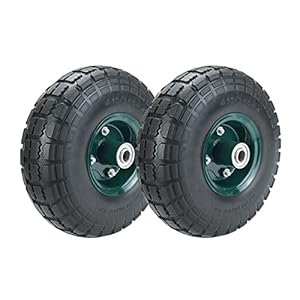 2 Pcs 10″ Flat Free Tires Solid Pneumatic Tires Wheels, 4.10/3.50-4 Air Less Tires with 5/8 Center Bearings, for Wheelbarrow/Trolley Dolly/Garden Wagon Carts/Hand Truck/Wheel Barrel/Lawn Mower, 2 Pack