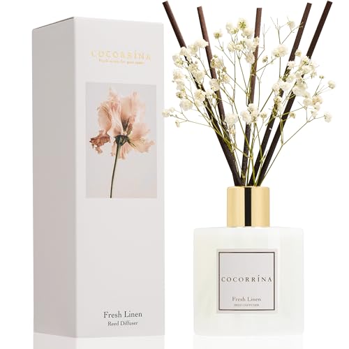 Image of COCORRINA Reed Diffuser - Fresh Linen 6.7 fl oz Reed Diffuser with Sticks, Home Bedrrom Bathroom Shelf Decor