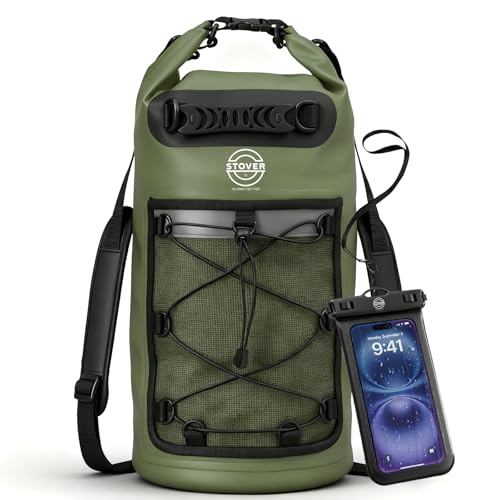 Image of STOVER 5 /10 /25 /30 /40L Waterproof Dry Bag & Phone Case - Large Floating Dry Backpack for Kayaking, Travel, Hiking, Fishing, Camping, Motorcycles & Beach, Heavy-Duty Roll Top Men /Women (Green)