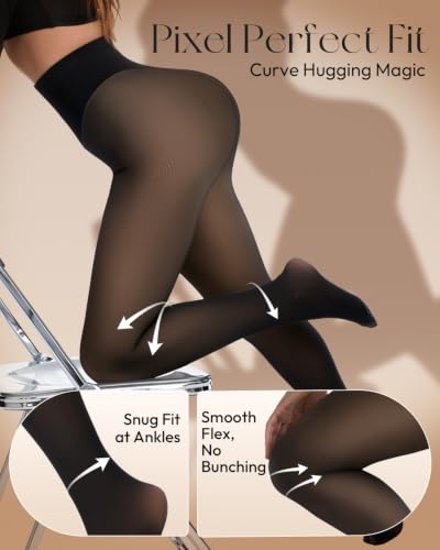 Image of Fleece Lined Tights Women One Line High Waist Warm Sheer Fleece Tights Thick Thermal Pantyhose Winter Black