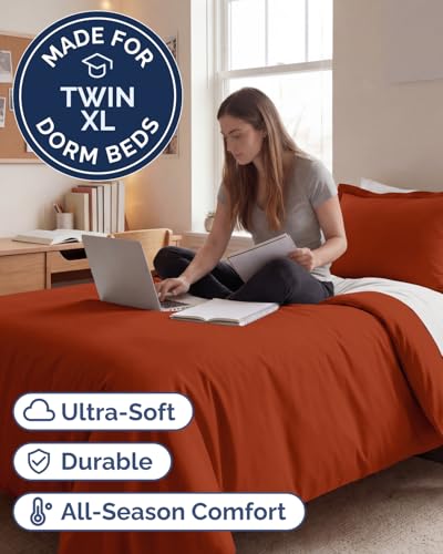 Image of Duvet Cover Twin /Twin XL Size Set - Extra Soft Twin /Twin XL Duvet Cover 68 inch x 90 inch with 1 Pillow Sham for Women, Men, Kids & Teens - Comfy, Easy-Care & Fade Free w / Zipper Closures & Ties (Terracotta)