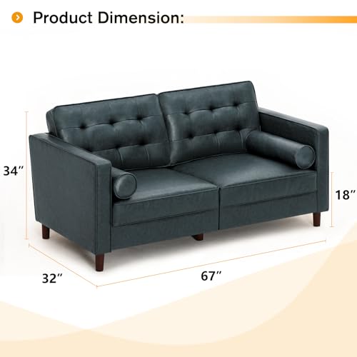 Image of 67 inch Premium Faux Leather 2-Seater Sofa with 2 Bolster Pillows and Tufted Backrest, Mid-Century Modern Loveseat Sofa, Luxury Couch for Living Room, Bedroom, Office, Blue
