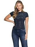 Guess Womens Short Sleeve Mock Neck All Over 4G Tee, Suiting Blue, Small