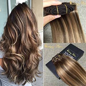 Sunny Dip and Dye Ombre Clip in Human Hair Extension 18 Inches Remy Full Head Brown to Blonde Remy Clip in Extensions 7pcs 120gram