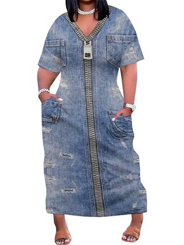 Image of SUZONANA Plus Size Denim Print Maxi Dresses for Women Casual V Neck Short Sleeve with Pockets Soft Jean Look Dress XL-6XL