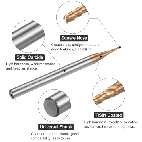Image of uxcell Carbide Square End Mill, 1 /25 inch (1mm) Dia TiSiN Coated 4 Flutes Milling Bit Cutter, for Hardened Steel Stainless Steel Cast Iron, 5 /32 inch (4mm) Shank 1 /8 inch Cut Length 2 inch Long HRC50