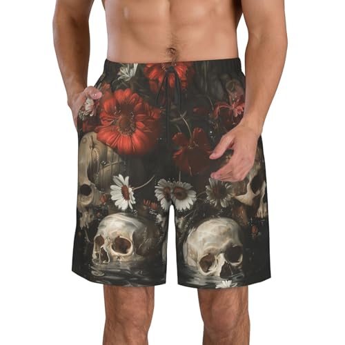 Men's Quick Dry Swim Shorts Skulls and Flowers Baroque Style Oil Painting Beach Trunks with Pockets