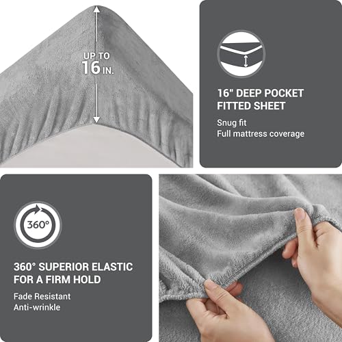 Image of True North by Sleep Philosophy Plush Sheet Set Full, Solid Color, Warm & Soft Bedding Full Size Sheets, Fitted Pocket Fits Up to 16 inch Mattress, Soloft, Full, Grey, 4 Piece