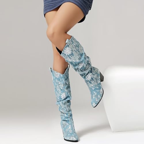 Women Sequins Western Denim Knee High Boots Embroidered Flowers Sparkly Cowboy Cowgirl Jean Tall Long Chelsea Round Toe Chunky Block Heels4