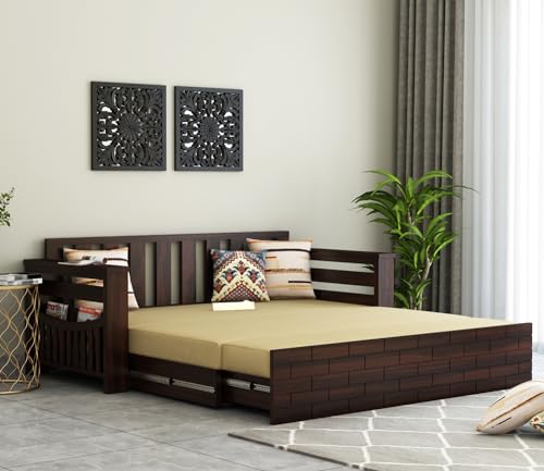 Solid Sheesham Wood Sofa Cum Bed Furniture Set with Storage and Cushions for Living Room,Bedroom,Drawing Hall (3-Person Sofa, Light Walnut Finish,Beige, Queen)-image-5