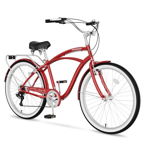 MOONCOOL Beach Cruiser Bike for Women and Men, 24/26 Inch 7-Speed Adult Bicycle, Comfortable Step-Through Frame with Rear Rack, Classic City Cruiser