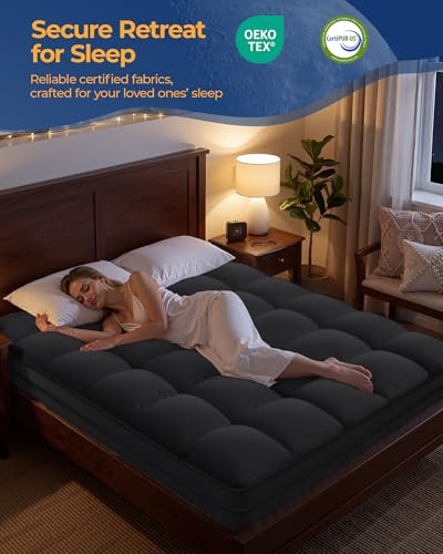 Image of Queen Mattress Topper, Extra Thick Mattress Pad Cover for Deep Sleep,3D+7D Snow Down Alternative Fill Overfilled Plush Pillow Top Mattress with 8-23 Inch Deep Pocket-Black