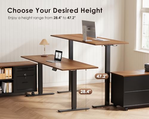 Image of OffiGo 48 Inch L Shaped Electric Standing Desk with Drawers & File Cabinet Sets, Executive Sit Stand Desk, Height Adjustable Computer Desk for Home Office, Writing, Workstation, Walnut+Black