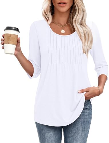 MOLERANI Damen Bluse 3/4 Arm Shirt Rundhals T-Shirt mit Plissee