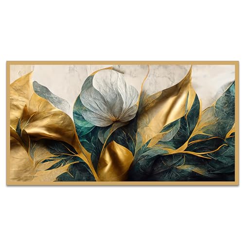 Image of DEKORSTATION Luxurious Golden Flower Canvas Art Elegant Floating Framed Painting for Bedroom, Living Room, Drwaing Room Wall Decoration Size : 12x24 Inches