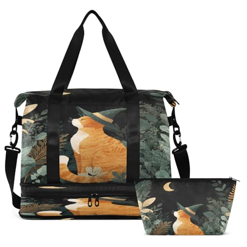 Cat Leaves Black Duffel Bag for Women Men Gym Bag with Shoe Compartment Wet Pocket Carry On Weekender Overnight Bags for Traveling Gym Workout