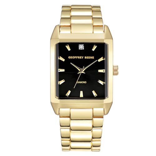 Geoffrey Beene Montre rectangulaire en or pour homme avec cadran noir soleil 34 mm
