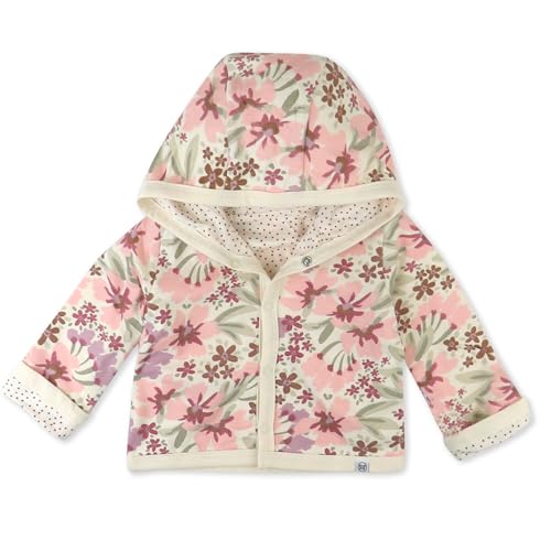 HonestBaby Snap-Front Hooded Jackets, Side-Snap Top, Hoodies in Cozy 100% Organic Cotton Infant Baby Boys, Girls, Unisex Painted Floral Pink,24 Months,