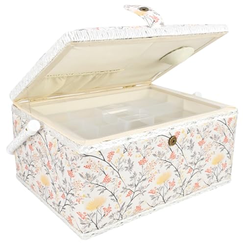 Large Vintage Sewing Box No Accessories, Elegant Sewing Basket with Removable Tray Padded Exterior, Sewing Box for Sewing Supplies Storage