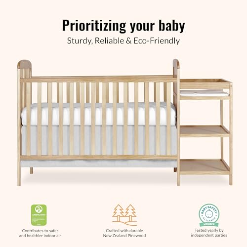 Image of Dream On Me Anna 3-in-1 Convertible Full-Size Baby Crib & Changer with Storage in Natural, GreenGuard Gold & BSA, Pinewood, Converts to Day & Toddler Bed, 3 Mattress Heights, 1″ Changing Pad