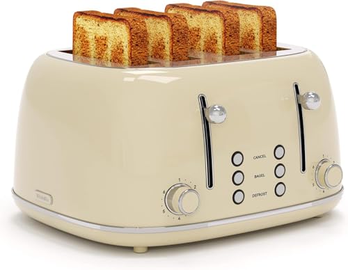Toaster 4 Slice, Retro Stainless with 6 Bread Shade Settings,1.5''Wide Slots Toaster with Cancel/Defrost/Reheat Functions,Dual Independent Control Panel, Removal Crumb Tray (Cream) by KITCHMIX - Used condition - US$42.71