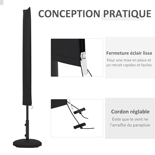 Housse de protection parasol droit noir imperméable bâche zippée de jardin