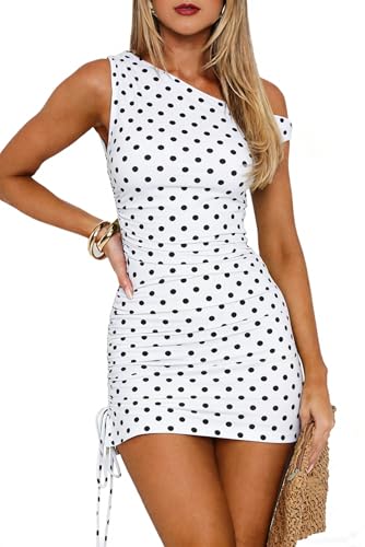 Image of ABMOIU Women's Off Shoulder Print Ruched Bodycon Mini Dress for Party Club | Asymmetric one-shoulder neckline with side drawstring, soft stretch fabric for date night, birthday, concert