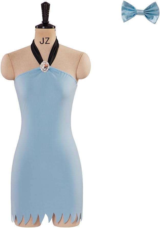 Betty Rubble Costume Women Flintstone Family Costume Sexy Blue Mini Dress