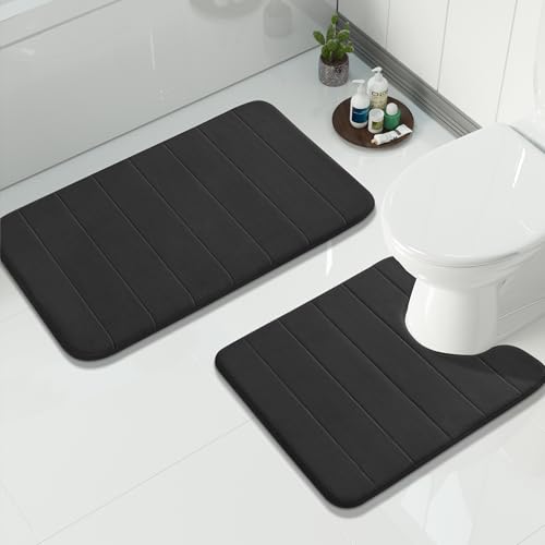 Image of Yimobra Memory Foam Bath Mat Set 2 Piece - Super Soft Absorbent Quick Dry Bathroom Toilet Rugs, Machine Washable Non Slip Floor Carpet for Tub Shower & Single Sink (31.5x20 & 24x20, Black)