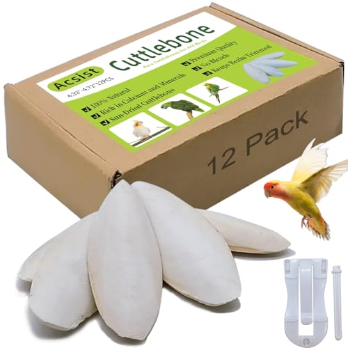 Acsist 4.3"-4.7" Cuttlebone for Birds,Parakeets Cuddle Bone Beak Trimming,Premium Calcium Natural Cuttlefish Bone for Parrot,Cockatiel,Budgie,Tortoise, Snails,Reptiles,12 Pcs