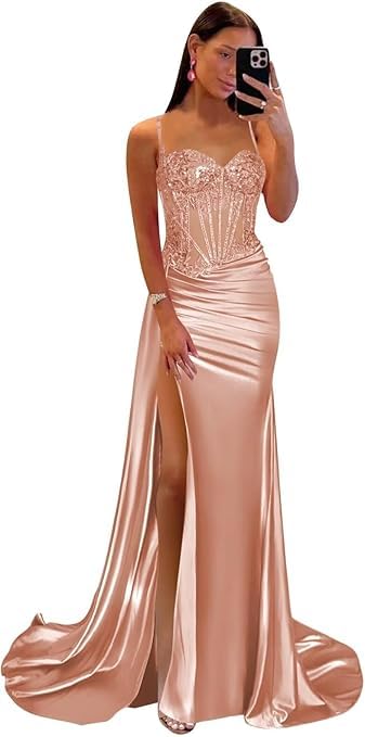 Satin Ballkleider Meerjungfrau Plissee Langes Ballkleid mit Schlitz Spitze Applikationen Korsett Abendkleid Formelles Kleid Rose Gold S