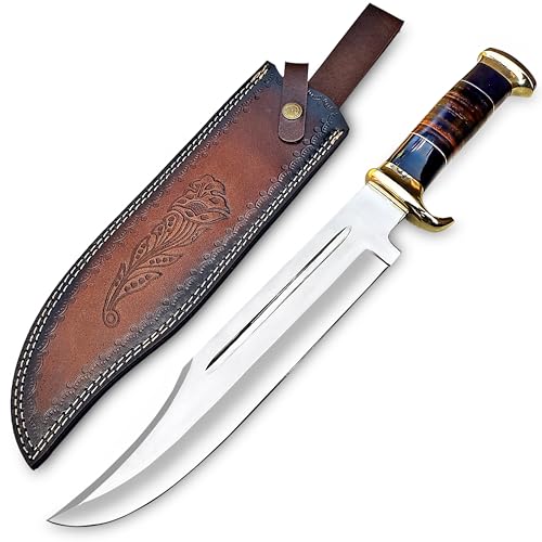 FLARA EAGLE D2 18 Inches Large Crocodile Dundee Bowie Knife with Leather Sheath Big Survival Fixed Blade Knife with Leather and Horn Handle for Outdoor Camping Knives For Men