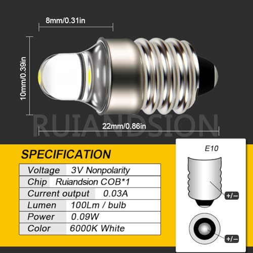 Ruiandsion 4pcs E10 LED Bulbs 3V 6000K White LED Bulbs for Torchlight Flashlight Torch Light,Non-Polarity