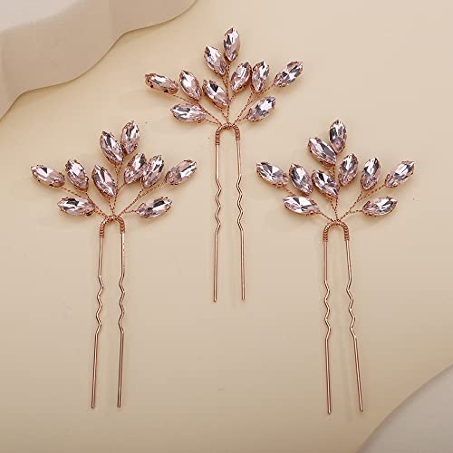 Teyglen 3pcs Bridal Crystal Hair Pins Rhinestones Hair Pieces Simple Crystal Wedding Hair Accessories Handmade Hair Pins for Women Bride Girls (Pink)