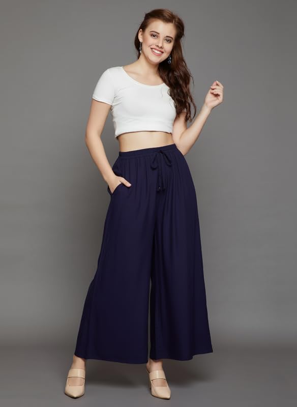 Image of Super Soft Viscose Rayon Flared Palazzo Pants for Women Stylish Wide Leg Straight Relaxed Fit Casual Ethnic Office Wear