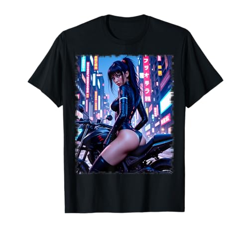 AI Girl T-Shirt Homme - Sexy AI Cyberpunk Girl & Moto T-Shirt