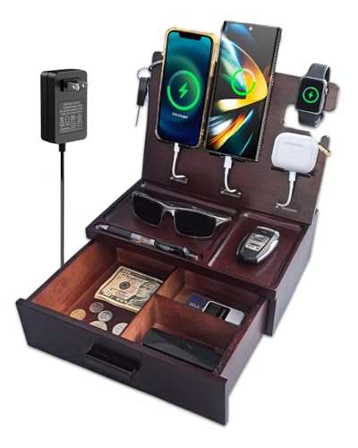 Wood Phone Docking Station with Drawer Built in 4 USB Charger, Nightstand Organizer with Dual Phone Charging Station for Apple Android Phones Anniversary Birthday Gifts for Men Dad Hunsband Mom