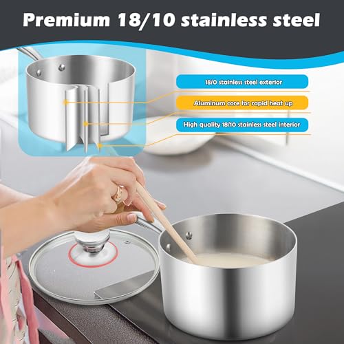 E-Far 1-Quart Saucepan, Tri-Ply Stainless Steel Sauce Pan With Glass Lid, Small Cooking Induction Pot Compatible With All Cooktops thumb #3
