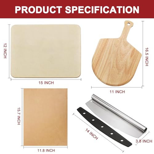 4 PCS Large Pizza Stone Set - Rectangle Pizza Stone For Oven And Grill, Wood Pizza Peel(OAK), Pizza Steel Cutter & 20pcs Cooking Paper, 15\" Baking Stone for Pizza, Bread and BBQ - Thumbnail 6