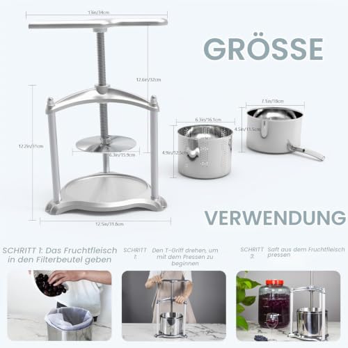 Foto von 3 Liter Obstpresse,Käse Tinktur Kräuter Weichobst Handpresse saft, Aluminium-Edelstahl Spindelpresse für Saft,Olivenöl