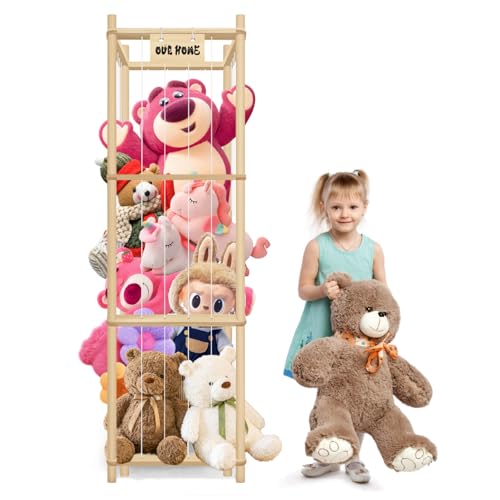 Kelens 59 Stuffed Animal Storage, Wood Soft Toy Holder Organiser, 3-Storey Large Capacity Cuddly Toy Storage, Teddy Bear Storage for Nursery Playroom Bedroom