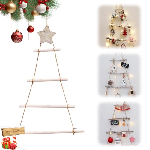 CEWROM Decorazione da parete in legno, scala in legno, albero di Natale, albero di Natale, in legno moderno, in bastoncini di legno, con stella da appendere e decorare, scala in legno, decorazione