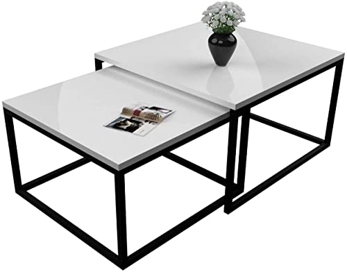 Domando Couchtisch Monterosso Industrial für Wohnzimmer Breite 70cm, Hochglanz, pulverbeschichtetes Metallgestell in Schwarz und Weiß Hochglanz Cover